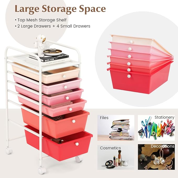 GOFLAME 6-Drawer Rolling Storage Cart, Multifunctional Art Craft Organizer Cart, Mobile Utility Storage Cart with Removable Drawers & Lockable Wheels, Craft Cart for Home Office, School, Pink - Image 4
