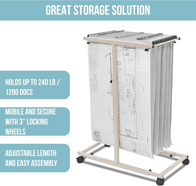 Adir Blueprint Rack and Clamps - 12 Pack of 30 Inch Blueprint Clamps and Mobile Blueprint Rack - Heavy-Duty Large Document Storage Solution for Blueprints, Posters, Maps, & Construction Plans - Image 4