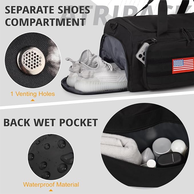 Tactical Gym Bag for Men, 60L Duffle Bag with Shoes Compartment for Travel | Water-Resistant Sports Weekender Bag with Adjustable Shoulder Strap Wet Pocket for Gym,Travel,Hiking,Camping Overnight Trips - Image 7