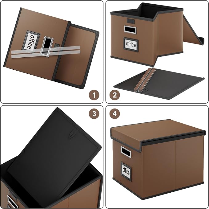 Foldable File Organizer Box with Lids (2 Pack, Brown, Leather) | File Box with Plastic Slides for Document, Filing Bin for Letter Size Hanging File Folders (2 Pack, Brown, Leather) - Image 7