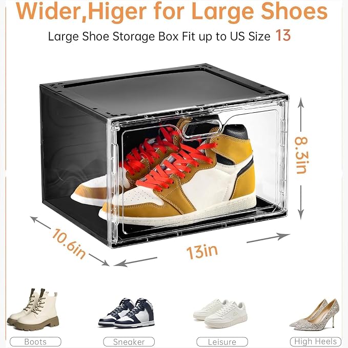 Amllas New 8 Pack Shoe Boxes Stackable, Large Shoe Storage Organizer with Lids,Drop Side Shoe Containers for Entryway,Sneaker Storage Fit up to US Size 13 for Men/Women(13’’x 10.6”x 8.3”) - Image 5