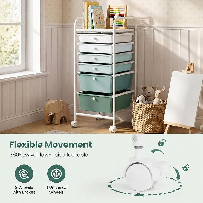 GOFLAME 6-Drawer Rolling Storage Cart, Multifunctional Art Craft Organizer Cart, Mobile Utility Storage Cart with Removable Drawers & Lockable Wheels, Craft Cart for Home Office, Green Gradient - Image 5