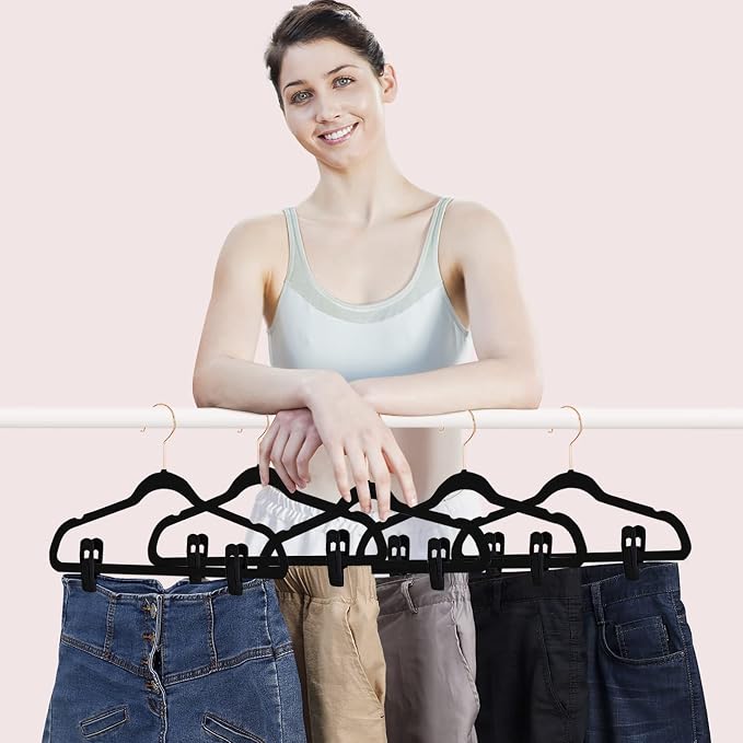 TOFIIGREM Black Velvet Hangers Clips 50 PCS, Non-Slip Velvet Clips for Suit Pant Skirt Hanger, Strong Finger Clips Perfect for Thin Flocking Hangers - Image 6