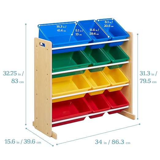 ECR4Kids 4-Tier Organizer with 12 Removable Plastic Bins, 4x3, Toy Storage, Natural/Primary | Durable plastic bins, MDF panels, steel frame, GREENGUARD Gold Certified, 48 lb capacity, anti-tip kit, playroom/classroom - Image 3