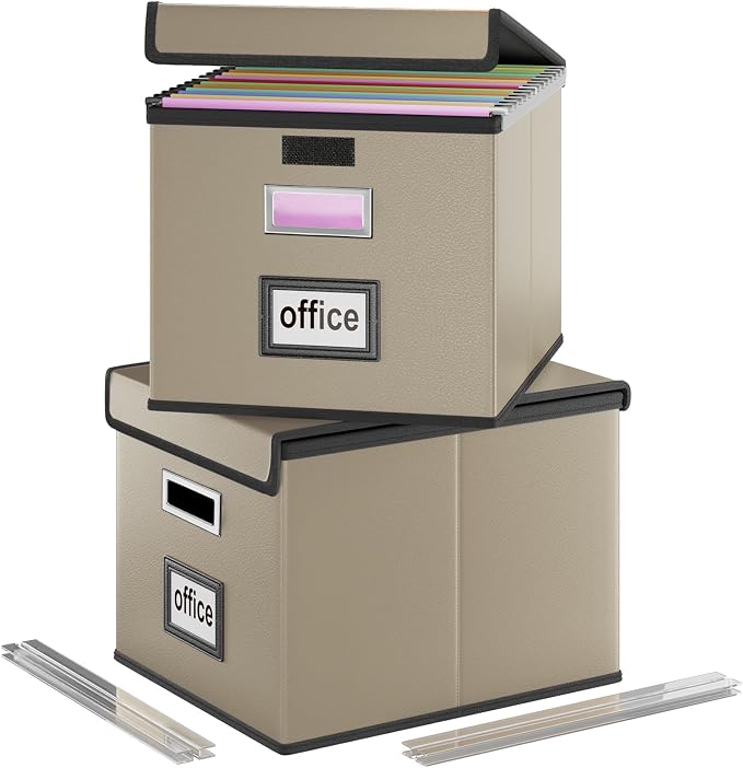 Foldable File Organizer Box with Lids (2 Pack, Khaki, Leather) | File Box with Plastic Slides for Document, Filing Bin for Letter Size Hanging File Folders (2 Pack, Khaki, Leather) by Huolewa
