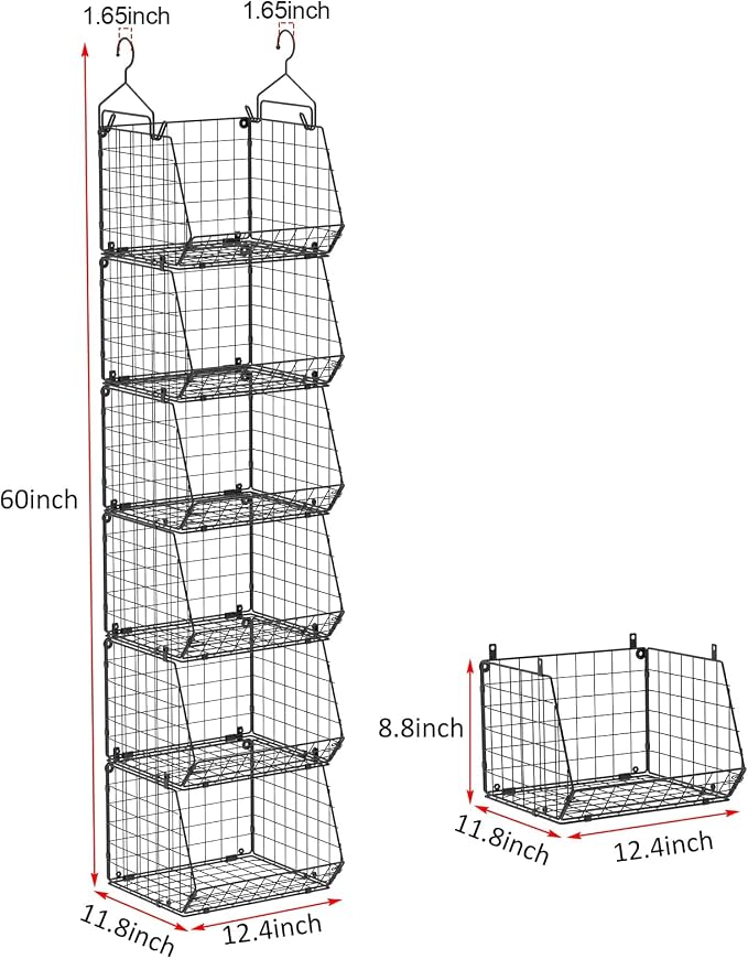 6 Tier Closet Hanging Organizer, Clothes Hanging Shelves with 4 Hanging Hooks 5 S Hooks, Wire Storage Basket Bins, for Clothing Sweaters Shoes Handbags Clutches Accessories Patent Design-Black - Image 3