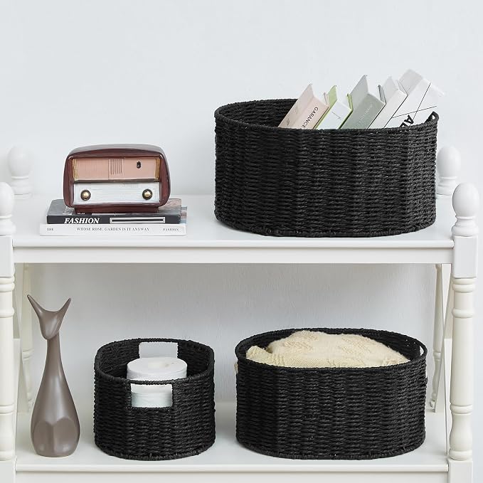Wicker Basket, Set of 3 Round Storage Baskets for Organizing, Woven Paper Rope Wicker Storage Basket with Handles, Black Cube Storage Organizer Bins Baskets for Shelves & Decor, Black - Image 2