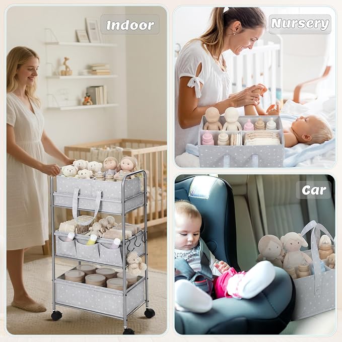 Yookeer 2in1 Baby Diaper Caddy Organizer Cart 3 Tier Large Capacity Metal Utility Bedside Rolling Cart with Divider Newborn Registry Gift Nursery Essential Must Have Bedroom Baby Shower(Gray,Star) - Image 4