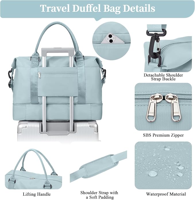 Weekender Bags for Women,Overnight Travel Duffel Bag with Shoes Compartment | Personal Item Travel Bag, Airplane Friendly Carry-On Bag with Toiletry Bag & Wet Pocket & Trolley Sleeve - Image 6