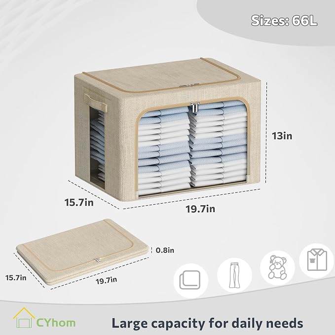 CYhom Clothes Storage Bins Box - Linen Fabric Foldable Stackable Container Organizer Set with Clear Window & Carry Handles & Metal Frame - 2Pack Large Capacity for Bedding, Blankets, Books - Image 6