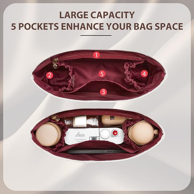 Brooklyn 28 Bag Insert, Purse Organizer Insert for Coach, White Merlot | Waterproof Dupontpaper For Coach Brooklyn Shoulder Bag 28, Lightweight, 5 Compartments Zipper Pocket, Elastic Holders - Image 3