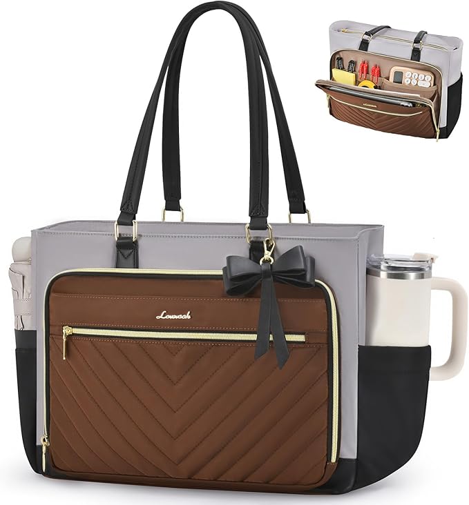 LOVEVOOK Laptop Tote Bag for Women, Work Bag for Nurse with Large Cup Holder, Nurse Diaper Bag for Travel, Computer Women's handbags for Teacher gift, Brown-gray-black， 15.6 Inch by LOVEVOOK