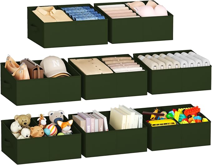 DIMJ Large Closet Shelf Organizer Bins 8 Packs with Handles and Divider, Fabric Trapezoid Storage Baskets, Foldable Clothes Containers Box for Shelf, Towel, Book, Toy, Purse, Hats, Green by DiMJ