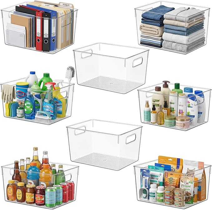 MOONEDGE 8 Pack XL Clear Storage Containers 13x10x8in Plastic Organizers | Clear Bins for Organizing, Organizer Bins with Handles, Garage, Pet Supplies, Linen Storage, Utility Shelf, Cleaning Supplies by MOONEDGE