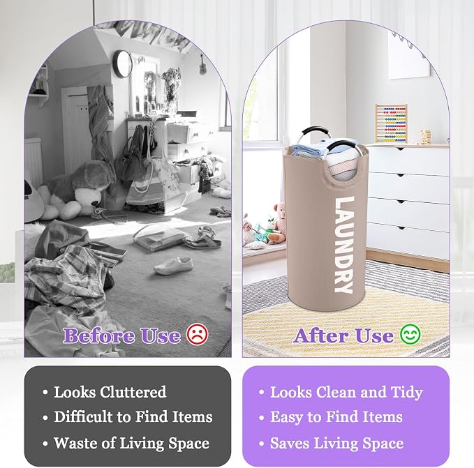 95L Folding Laundry Basket for Singles, Large Laundry Hamper with Aluminum Handles, Freestanding Dirty Clothes Basket, Sturdy Oxford Fabric Clothes Hampers for Travel, Dormitory, Khaki - Image 7