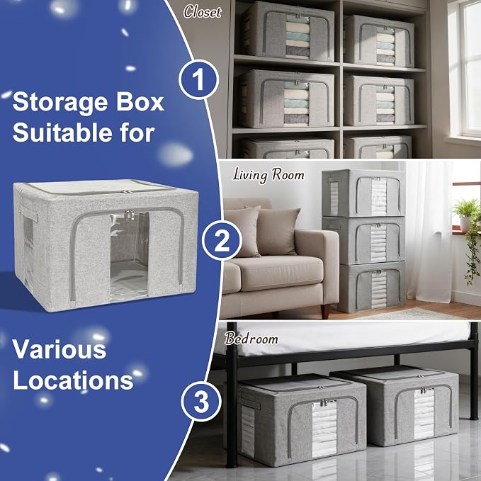 3 Pack Clothes Storage Bins with Metal Frame,Foldable Storage Bin with Lid for Clothes,Stackable Cotton Linen Fabric Organizer Set with Carrying Handles and Clear Window(Grey, 66L) - Image 5
