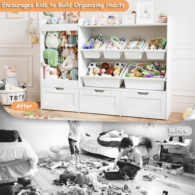 Kids Toy Storage, 50.6" W x 41.3" H Large Toy Organizers and Storage Cabinet with 6 Plastic Bins, 3 Rolling Drawers, Stuffed Animal Zoo, Wooden Organization Shelf for Playroom, Nursery(White) - Image 6