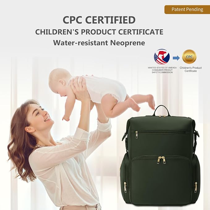 CEI-CEI Neoprene Diaper Bag Backpack with Insulated Pockets, Large Newborn Baby Maternity Bags Travel Tote with Changing Pad (Army Green) - Image 9
