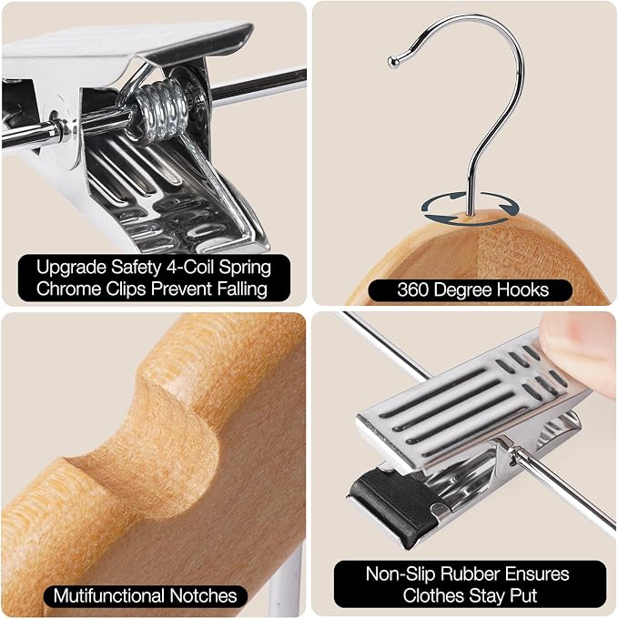 Wooden Hangers with Clips 24 PCS Pants Hangers with Clips,Smooth Solid Wooden Pants Hangers,360 Swivel Hooks & Adjustable Clips,for Jeans,Skirt,Suit,Shorts,Scarf. - Image 2