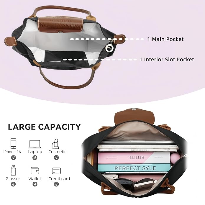 Women's Nylon Tote Bag, Large Capacity Waterproof Shoulder Bags, Spacious Handbag with Metal Zipper & Compartments - Image 5