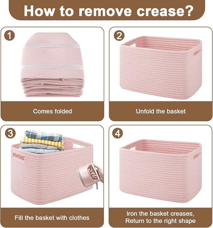 OIASKET 4Packs Natural Cotton Rope Storage Baskets for Organizing Toys, Clothes, Towels & Books, Soft Versatile Organizers for Shelves, Home Decorative Bins, 13''Lx9''Wx7.8''H, Pink - Image 9