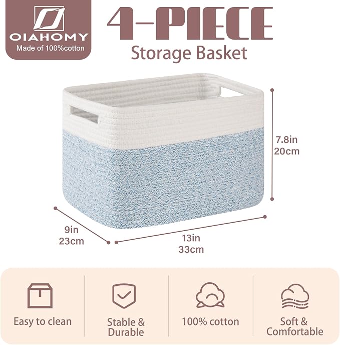 OIAHOMY 4 Pack Storage Basket, 13"x9"x7.8" Cotton Rope Baskets for Shelves, Closet Organizer for Bedroom & Living Room, Soft Decorative Bins for Organizing Towels, Books & Toys, Light Blue & White - Image 2
