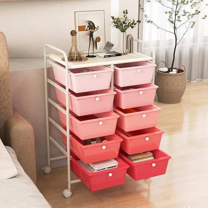 10 Drawer Rolling Cart, Storage Cart Organizer on Wheels, Drawer Cart with Metal Frame & Large Storage Capacity, Rolling Cart with Drawers for Living Room Classroom, Office - Image 2