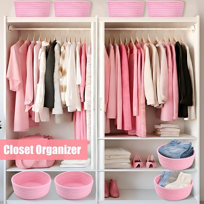 12 Pack Small Storage Basket Cute Natural Cotton Rope Woven Basket Tiny Boho Decorative Toy Storage Bin Gift Baskets for Home Organizing, Closet, Shelf, Nursery, Bathroom(Round,Pink) - Image 7