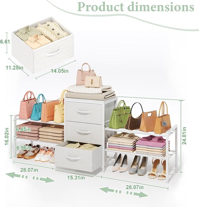 Expandable Closet Organizers and Storage,Wide Long 3 Drawer Dresser | White Fabric Storage Dresser, Clothes Shelves for Kids, Purse Organizer Small Shoe Rack for Closet Bedroom(47.24~71.47in) - Image 2