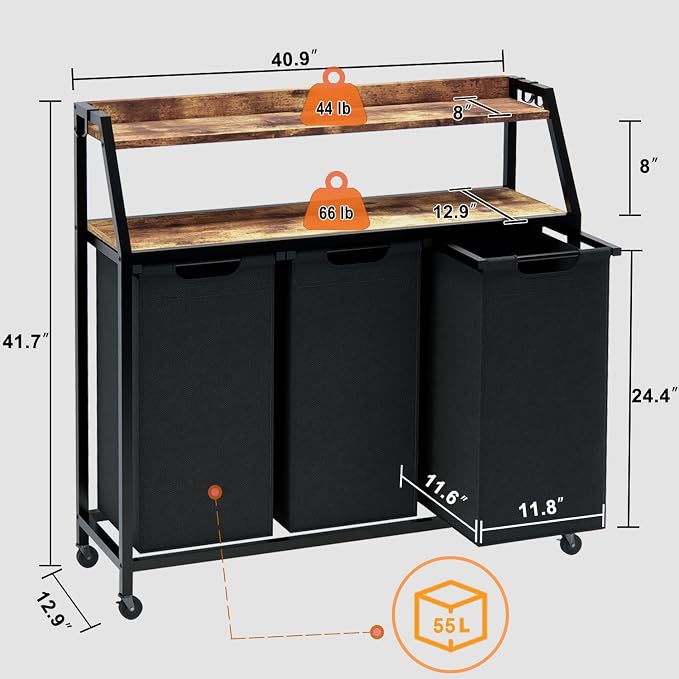 Laundry Hamper, Laundry Sorter 3 Section, Rolling Laundry Basket with Wheels, 2 Shelves, 3 × 14.5 Gal, Pull-Out and Removable Oxford Fabric Bags, for Laundry Room, Black and Rustic Brown - Image 7