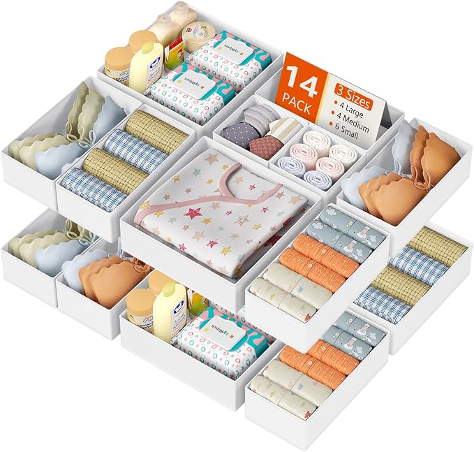 DIMJ Drawer Organizer Clothes 14 Pack - Foldable Baby Organizers and Storage & Dresser Organizer for Bedroom, Closet - Nursery Organization Dresser Dividers for underwear, Sock,Bra, Belt, Tie, White by DiMJ