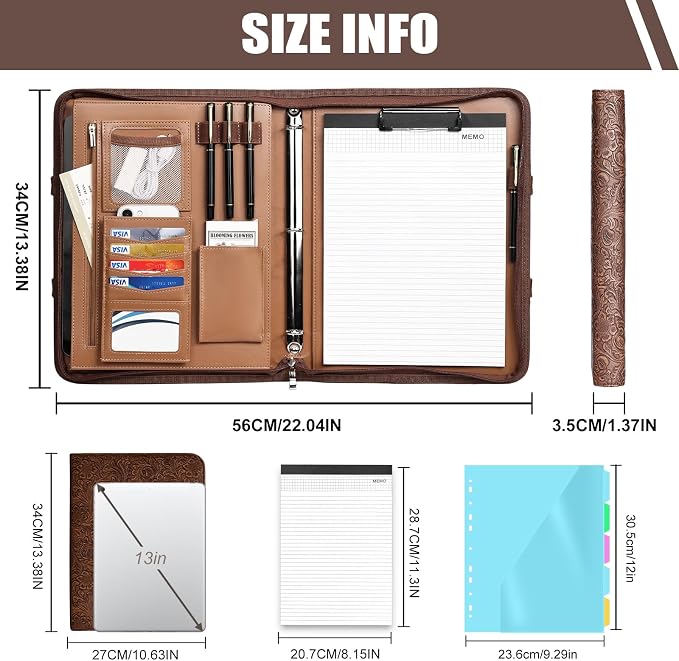 Padfolio, Portfolio Binder 3-Ring, Vegan Leather Portfolio for Students with Notepad Includes 5 Sheet Protectors for Documents Files, 1 Pen and 1 Detachable Shoulder Strap - Image 2