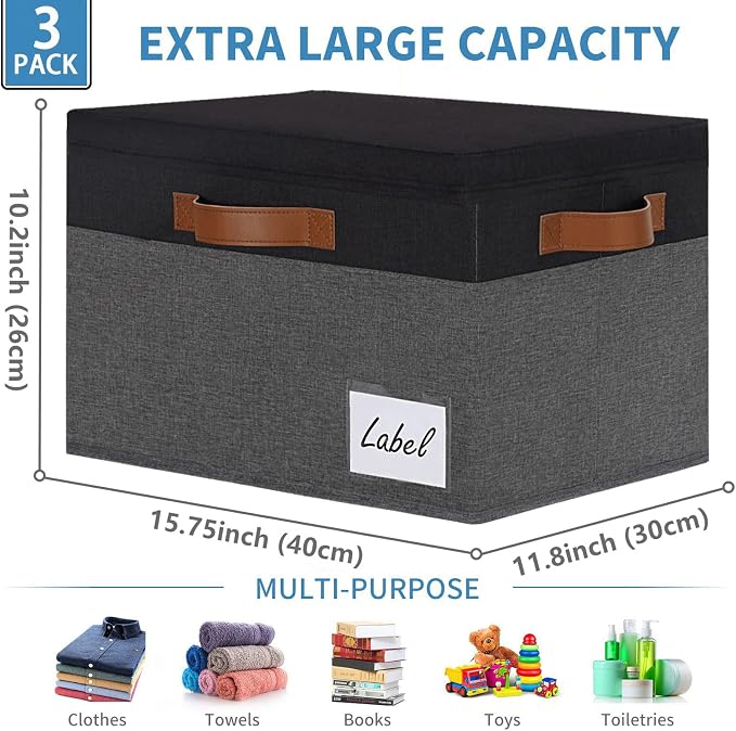 GhvyenntteS Extra Large Storage Bins with Lids, Foldable Fabric Storage Boxes with Lids and Handles, Storage Baskets with Lid and Label for Home Office (3 Pack, Grey&Black, 15.75" x 11.8" x 10.2") - Image 3