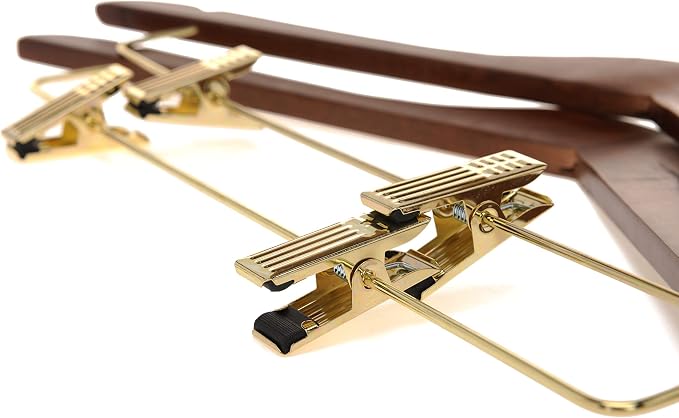 Quality Wooden Skirt Hangers with Clips, 10-Pack Smooth Solid Wood Pants Hangers with Durable Adjustable Metal Clips, Swivel Hook, Coat, Jacket, Blouse Suit Hangers (Walnut - Gold Hook, 10) - Image 7