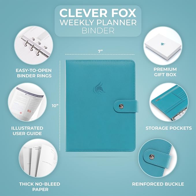 Clever Fox Weekly Planner Binder, Undated Daily A5 Eco Leather Turquoise | 7 x 10 in with A5 pages, mini 3 ring portfolio organizer, work time manager, day runner, agenda book with monthly calendars - Image 2