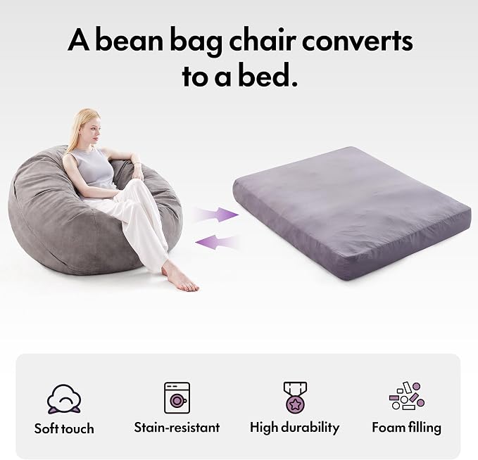 Giant Bean Bag Chair Bed for Adults, Convertible Beanbag Chairs to Floor Mattress, Large Bean Bag Lazy Chair with High-Density Foam Filling, Bean Bag Couch Sofa Bed Machine Washable,Light Grey - Image 6