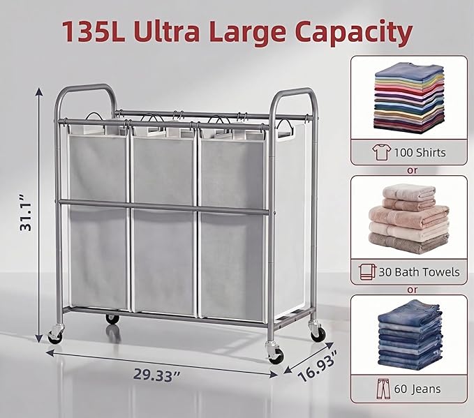 ROMOON Laundry Sorter Hamper 3 Section, Divided Laundry Basket Organizer | Rolling Clothes Hamper with Heavy Duty Lockable Wheels and Removable Bags for Apartment, Dorm & Family, 135L, Neutral Gray - Image 3