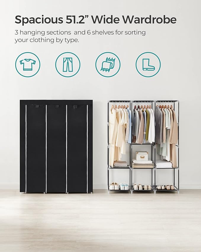 SONGMICS Portable Closet with Cover, 3 Hanging Rods and Shelves | Wardrobe Closet Organizer, 4 Side Pockets, 17.7 x 51.2 x 65.7 Inches, Ink Black, RYLAN Collection URYG092B02 - Image 2