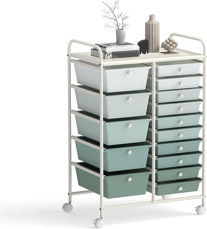 15 Drawer Rolling Storage Cart, Rolling Cart with Drawers for Classroom, Art Supply Craft Organizer on Wheel with Metal Frame & Handles for Home Office School (Gradient Green, 15 Drawer) by LDAILY