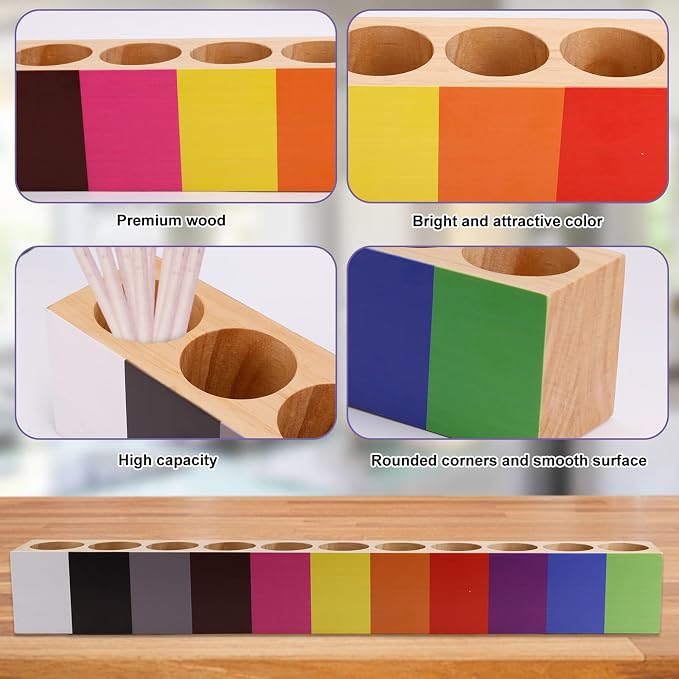 Wooden Colored Pencil Holder Organizer | 11 Compartments Desk Organizer Marker Pen Storage Stand for Kids - Image 4