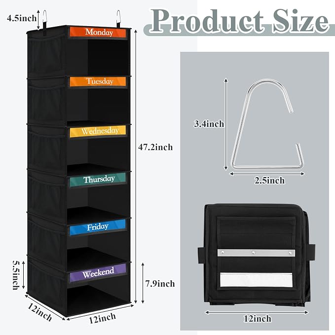 2 Pcs 6 Shelf Hanging Weekly Clothes Organizer for Kid,Black | Closet Organization, Hanging Closet Shelves with Side Pockets, Labeled Shelves with Days of The Week Monday Through Weekend - Image 2