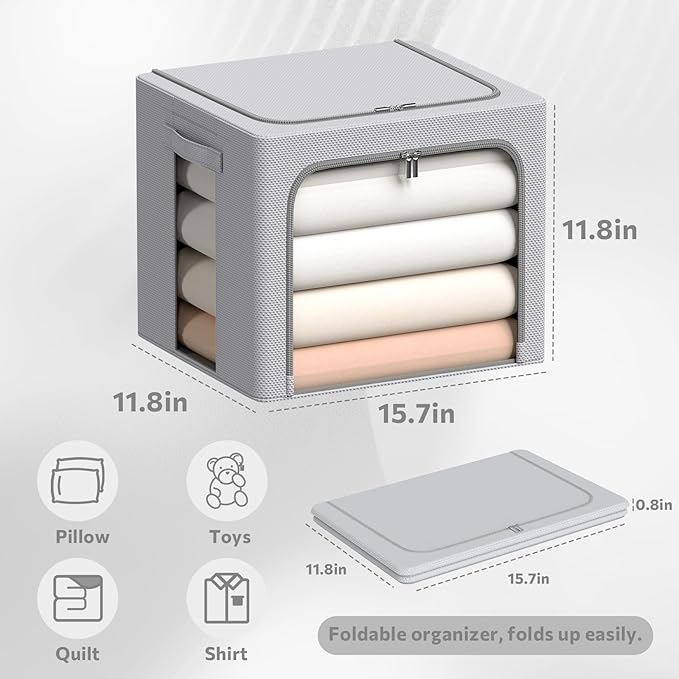 CYhom 3Pack Frame Storage Box - Clothes Storage Bin Bags Oxford Fabric Foldable Stackable Container Organizer Set with Clear Window & Carry Handles (Grey, X-Small-36L) - Image 4