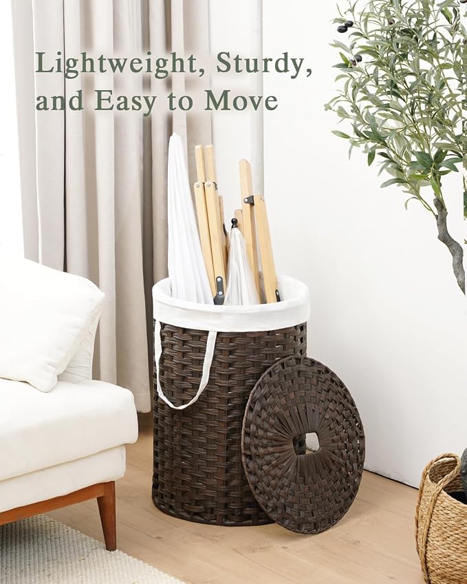 SETVSON Laundry Hamper with Lid 23.8 Gal (90 L) PE Rattan, Brown | Family Clothes & Blanket Trunk with Lid, Removable Liner Bag with Handles, 2 Mesh Wash Bags, Collapsible Steel Frame - Image 6
