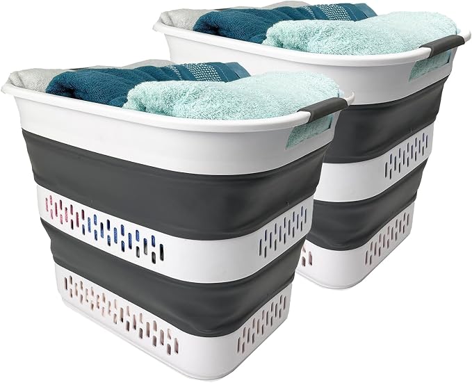 SAMMART 40L (10.5 Gallon) Collapsible Plastic Laundry Basket - Foldable Pop Up Storage Container/Organizer - Portable Laundry Hamper - Space Saving (2, White/Steel Grey) by SAMMART