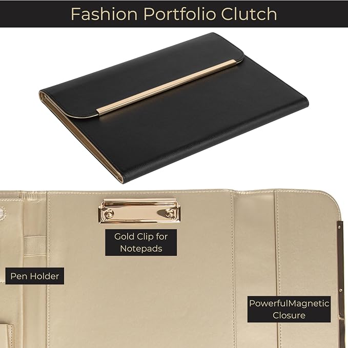 BLU MONACO | Black Vegan Leather Portfolio Binder for Women | Professional Padfolio with Magnetic Closure & Gold Trim | Business Organizer Case for Documents & 8.5 x 11 Notepad - Image 3