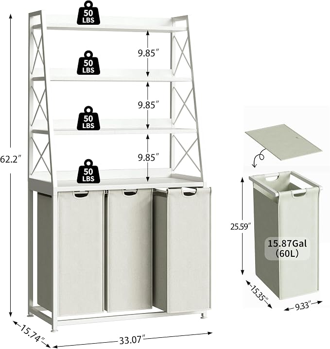 Herture 3 Section Laundry Hamper Laundry Basket with 4 Tiers Shelf | Laundry Sorter with Pull-Out Removable Large Bags, 4 x 15.87 Gallons, Metal Frame, for Laundry Room Bathroom, White PF05XLW - Image 3