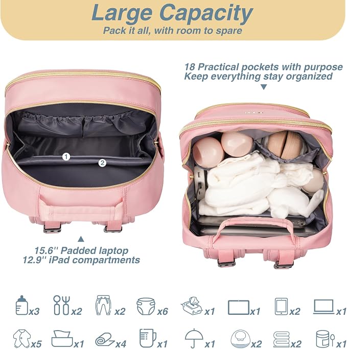 Diaper Bag Backpack, Quilted Baby Bag with Changing Pad & Stroller Straps & Pacifier Case, Large Travel Diaper Bags for Mom Dad, Pink - Image 2