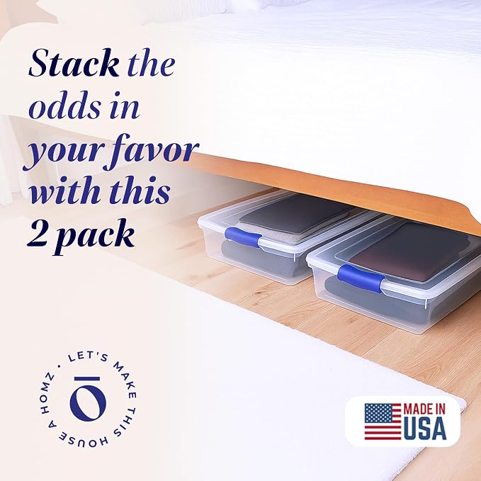 HOMZ Under Bed Clear Plastic Storage Bin w/Lid, 60 Qt, Blue Latch, 2 Pack | Heavy-Duty Stackable Containers, Large Organizer Box for Homes, Offices, and Garages - Image 2