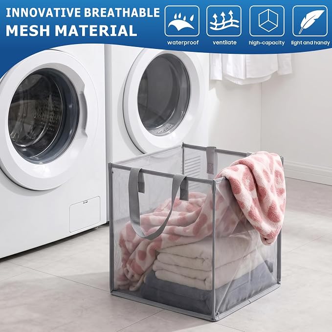 2 Pack Mesh Pop Up Laundry Basket with Handles 32L Portable and Collapsible Laundry Hamper Foldable Storage Organizer for Laundry Room Clothes Toys - Image 3