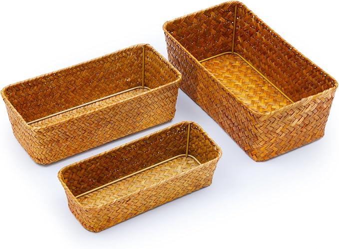 Seagrass Storage Basket, Stackable Open Woven Baskets Bins Container for Organizing Shelves Bedroom Living Room, Set of 3, Natural - Image 6